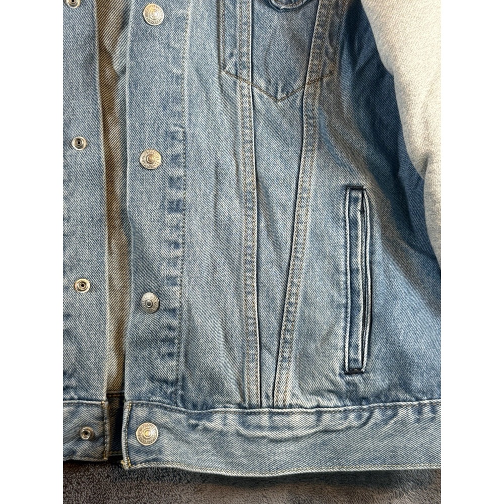 Levis Mens Hybrid Hoodie Trucker Jacket Medium Light Wash Blue Denim Grey Hood - Picture 5 of 11